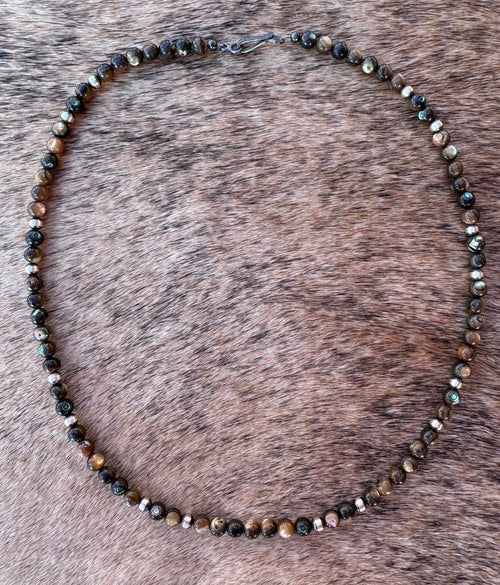 Handcrafted Round Abalone & Sterling Silver Pearl 4mm Beaded Necklace