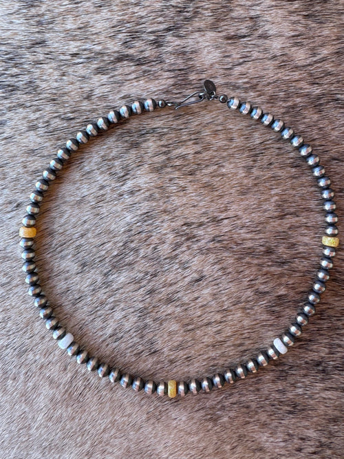 Handcrafted Fire Opal Collection & Sterling Silver Pearl Beaded 5mm Necklace 14"