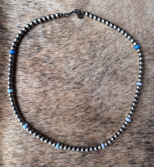 Handcrafted Blue Fire Opal & Sterling Silver Pearl Beaded 5mm Necklace 18"
