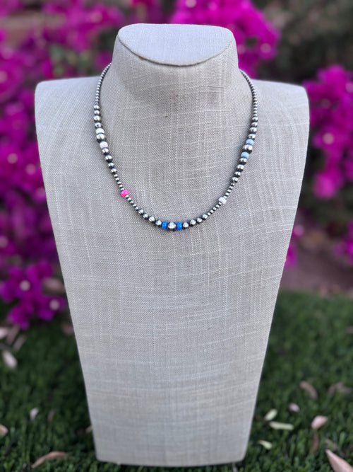 Handcrafted Fire Opal Collection & Sterling Silver Pearl 3-8mm Beaded Necklace 18"