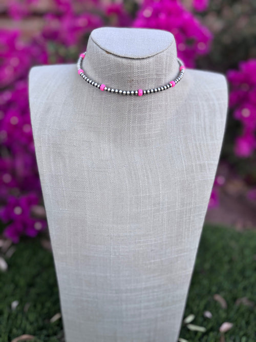 Handcrafted Hot Pink Fire Opal & Sterling Silver 4mm Beaded Wrap Choker Necklace