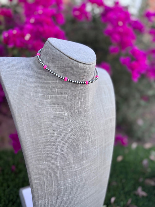 Handcrafted Hot Pink Fire Opal & Sterling Silver 4mm Beaded Wrap Choker Necklace