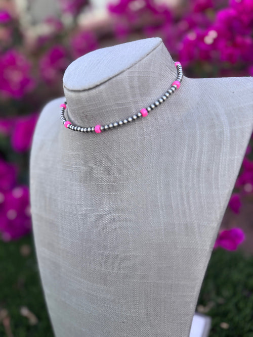 Handcrafted Hot Pink Fire Opal & Sterling Silver 4mm Beaded Wrap Choker Necklace