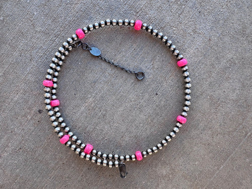Handcrafted Hot Pink Fire Opal & Sterling Silver 4mm Beaded Wrap Choker Necklace