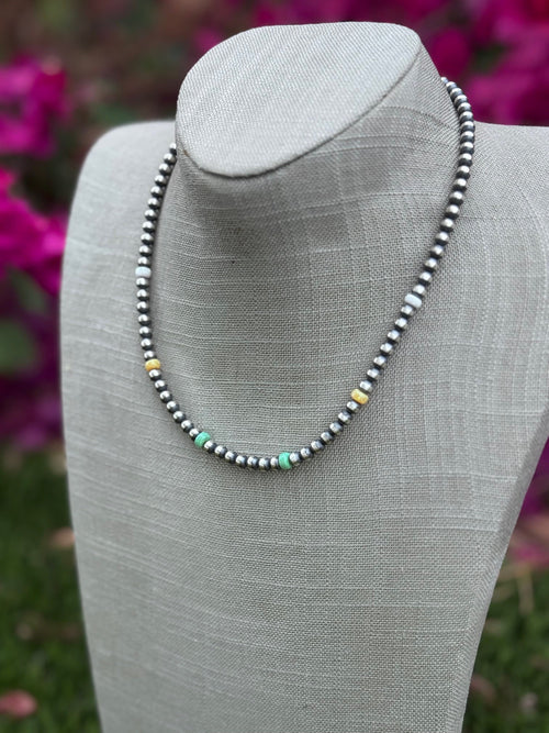 Handcrafted Fire Opal Collection & Sterling Silver Pearl Beaded 5mm Necklace 18"