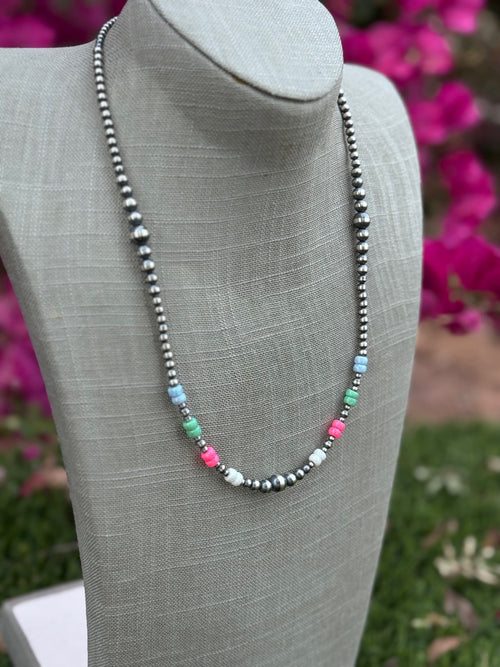 Handcrafted Fire Opal Collection & Sterling Silver Pearl Beaded 3-8mm Necklace 22"