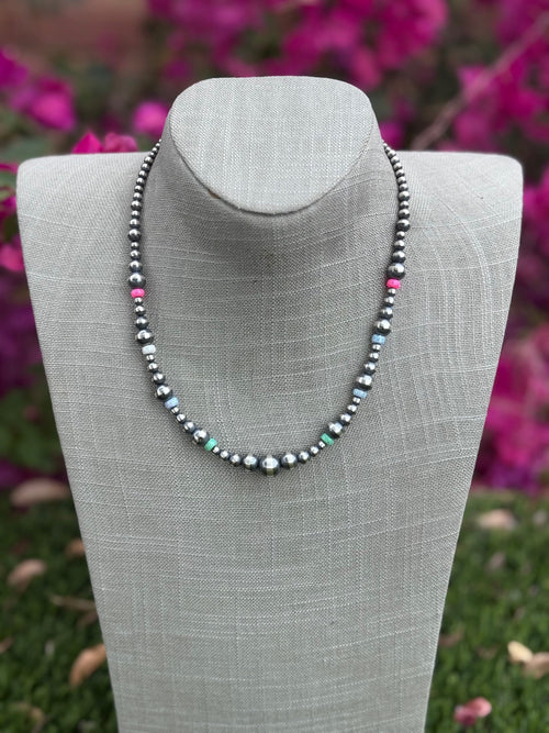 Handcrafted Fire Opal Collection & Sterling Silver Pearl Beaded 3-10mm Necklace 18"