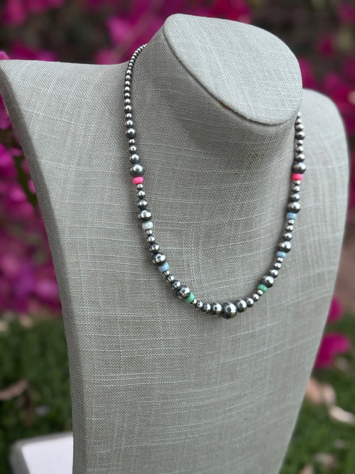 Handcrafted Fire Opal Collection & Sterling Silver Pearl Beaded 3-10mm Necklace 18"