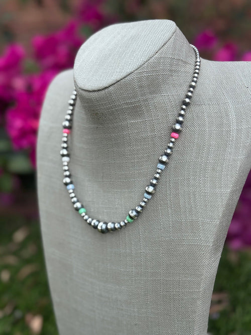 Handcrafted Fire Opal Collection & Sterling Silver Pearl Beaded 3-10mm Necklace 18"