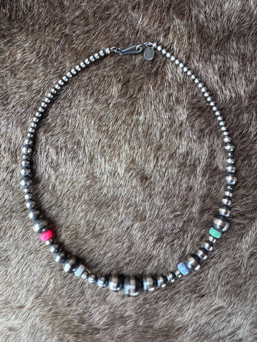 Handcrafted Fire Opal Collection & Sterling Silver Pearl Beaded 3-10mm Necklace 14"