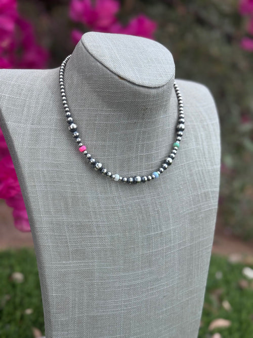 Handcrafted Fire Opal Collection & Sterling Silver Pearl Beaded 3-8mm Necklace 16"