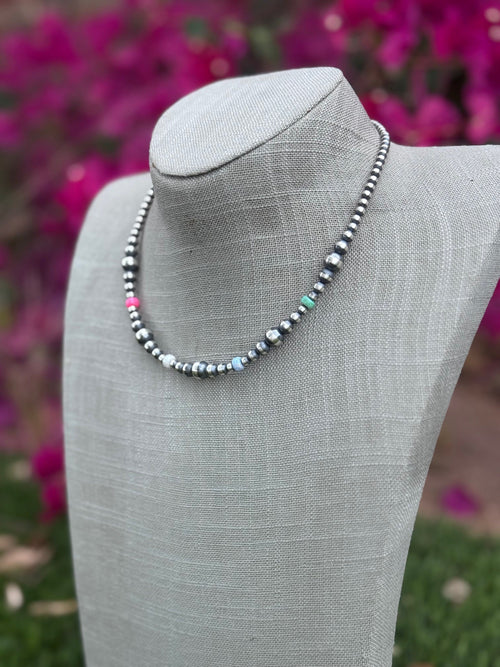 Handcrafted Fire Opal Collection & Sterling Silver Pearl Beaded 3-8mm Necklace 16"