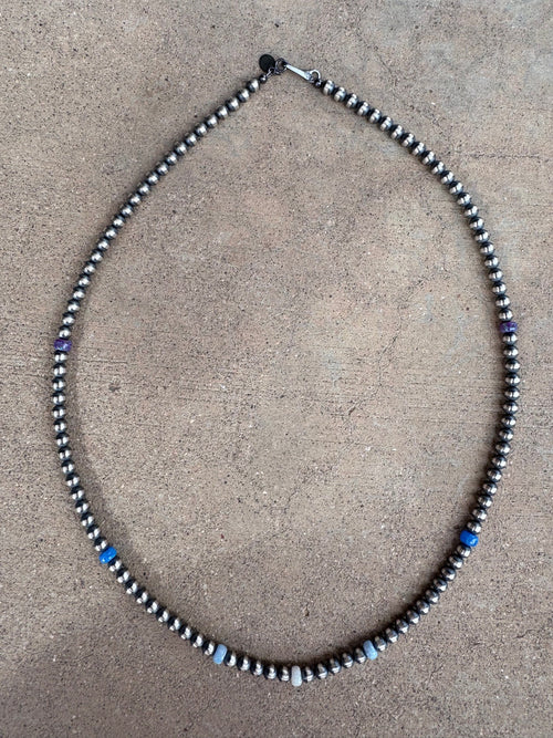 Handcrafted Fire Opal Collection & Sterling Silver Pearl Beaded 5mm Necklace 22"