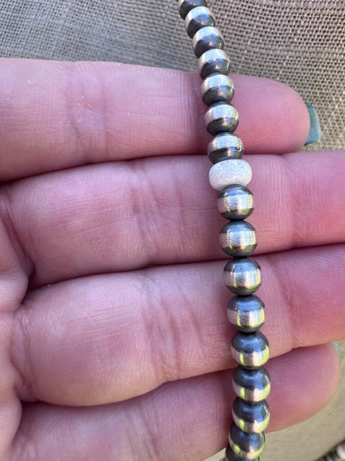 Handcrafted White Fire Opal & Sterling Silver Pearl Beaded 5mm Necklace 30"