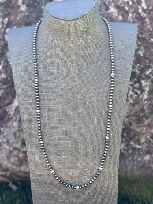 Handcrafted White Fire Opal & Sterling Silver Pearl Beaded 5mm Necklace 30"