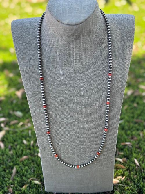 Handcrafted Sterling Silver & Orange Fire Opal 5mm Beaded Necklace 30"