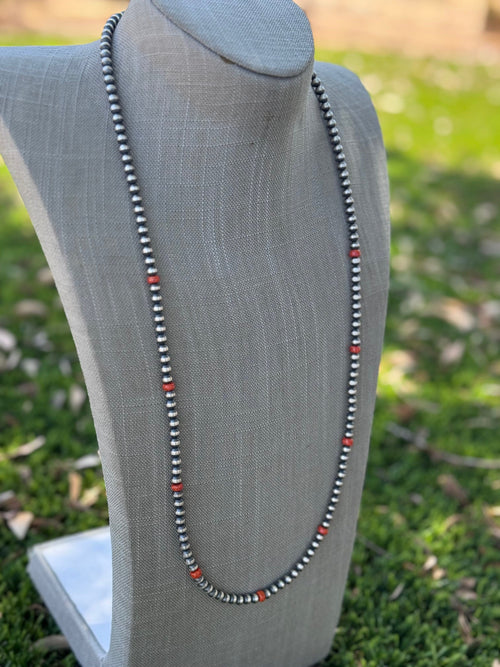 Handcrafted Sterling Silver & Orange Fire Opal 5mm Beaded Necklace 30"