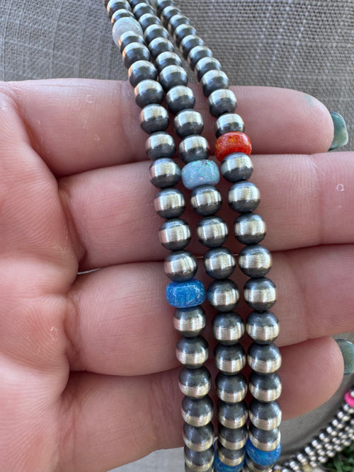 Handcrafted Fire Opal Collection & Sterling Silver Pearl Beaded 5mm Necklace 30"