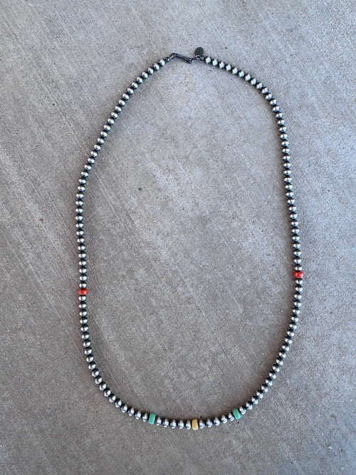 Handcrafted Fire Opal Collection & Sterling Silver Pearl Beaded 5mm Necklace 24"