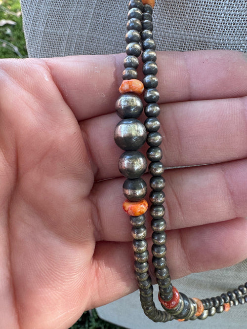 Handcrafted Red Spiny, Orange Spiny & Sterling Silver Pearl 4-10mm Beaded Necklace 48"