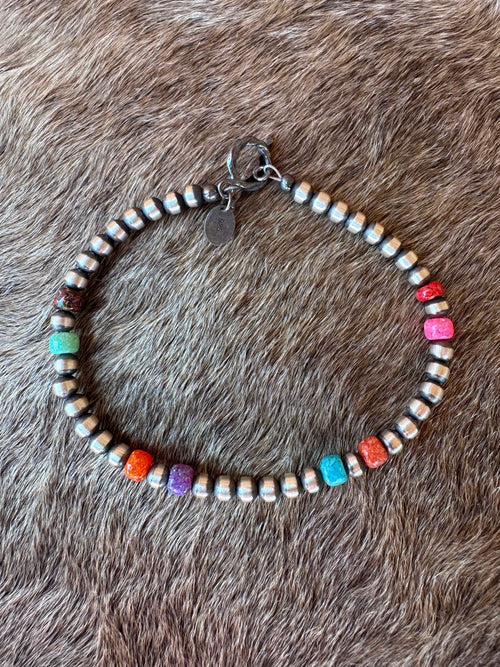 Handcrafted Fire Opal Collection & Sterling Silver Pearl 4mm Beaded Bracelet 7.5"
