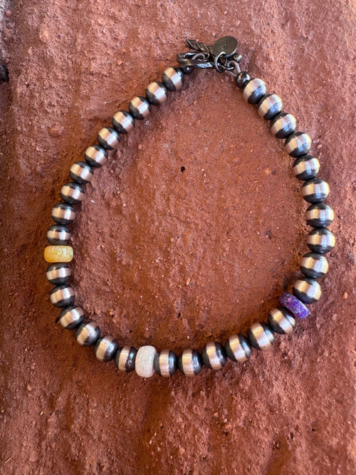 Handcrafted Fire Opal Collection & Sterling Silver Pearl 5mm Beaded Bracelet 7.5"