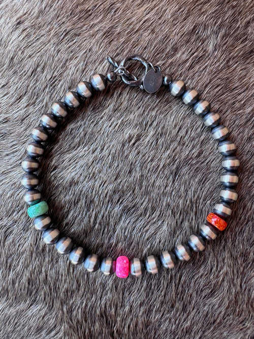 Handcrafted Fire Opal Collection & Sterling Silver Pearl 5mm Beaded Bracelet 7"