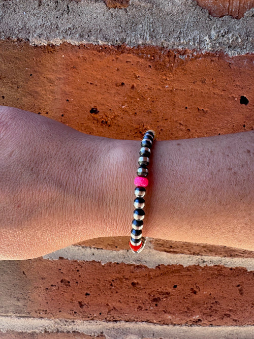 Handcrafted Fire Opal Collection & Sterling Silver Pearl 5mm Beaded Bracelet 7"