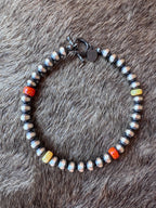 Handcrafted Fire Opal Collection & Sterling Silver Pearl 5mm Beaded Bracelet 7.5"