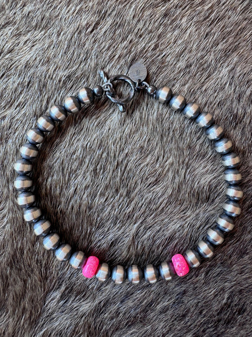 Handcrafted Hot Pink Fire Opal & Sterling Silver Pearl 5mm Beaded Bracelet 7"