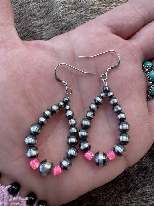 Handcrafted Hot Pink Fire Opal & Sterling Silver Pearl 3-6mm Beaded Hoop Dangle Earring