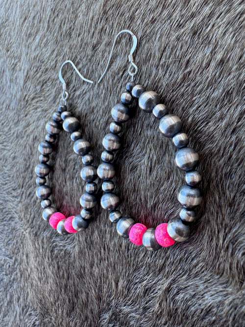 Handcrafted Hot Pink Fire Opal & Sterling Silver Pearl 4-6mm Beaded Hoop Dangle Earring