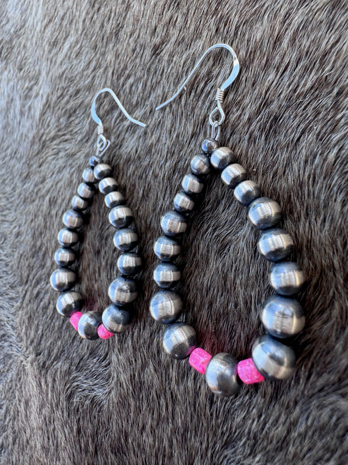 Handcrafted Hot Pink Fire Opal & Sterling Silver Pearl 4-6mm Beaded Hoop Dangle Earring