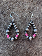 Handcrafted Hot Pink Fire Opal & Sterling Silver Pearl 4-6mm Beaded Hoop Dangle Earring