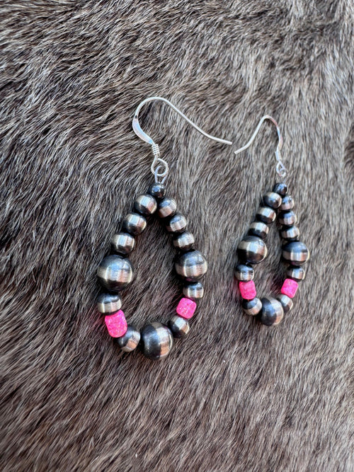 Handcrafted Hot Pink Fire Opal & Sterling Silver Pearl 4-6mm Beaded Hoop Dangle Earring