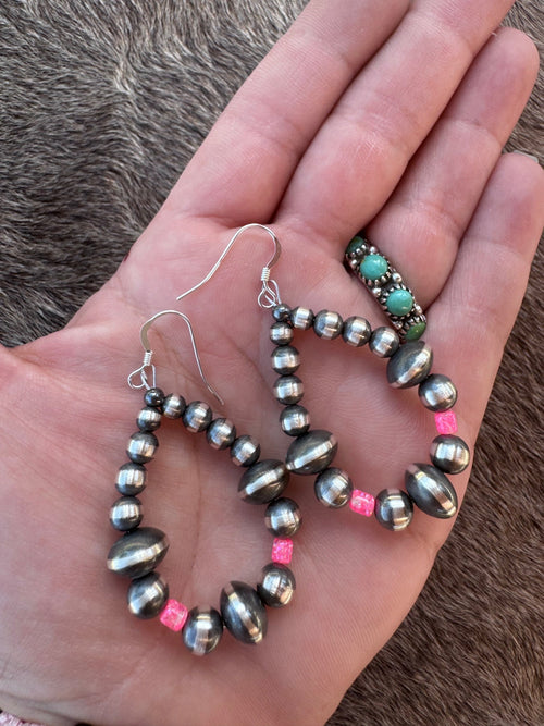 Handcrafted Hot Pink Fire Opal & Sterling Silver Pearl 4-8mm Mixed Beaded Hoop Dangle Earring