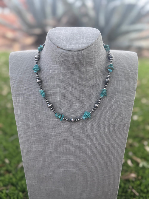 Handcrafted Turquoise & Sterling Silver Pearl 3-8mm Mixed Beaded Necklace 18"