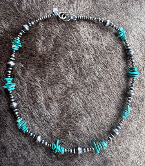 Handcrafted Turquoise & Sterling Silver Pearl 3-8mm Mixed Beaded Necklace 18"