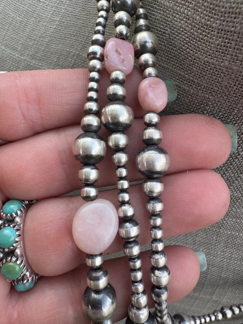 Handcrafted Sterling Silver & Pink Conch 3-8mm Pearl beaded Necklace 72"