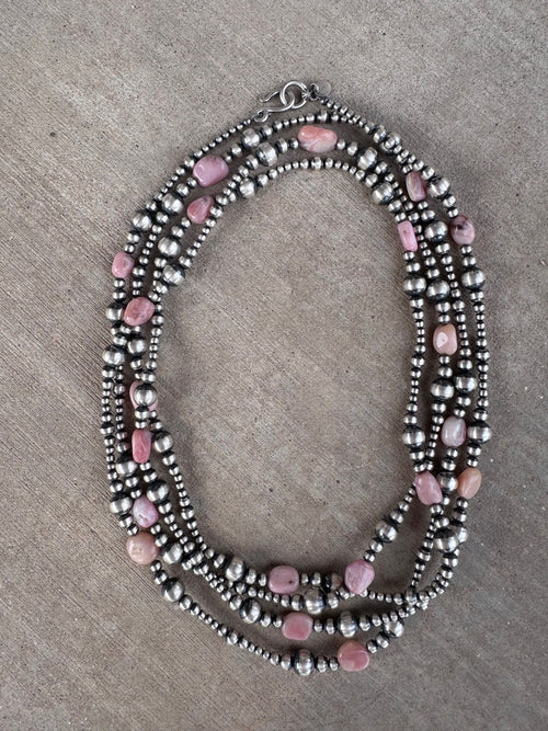 Handcrafted Sterling Silver & Pink Conch 3-8mm Pearl beaded Necklace 72"
