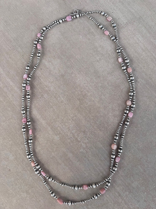 Handcrafted Sterling Silver & Pink Conch 3-8mm Pearl beaded Necklace 72"