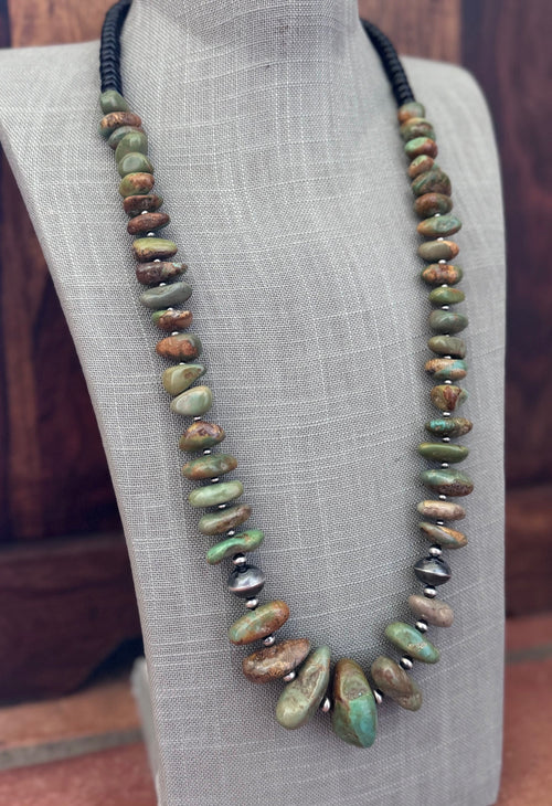 Handmade Thunderbird Turquoise & Sterling Silver Beaded Necklace 30"