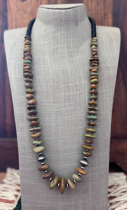 Handmade Thunderbird Turquoise & Sterling Silver Beaded Necklace 31"