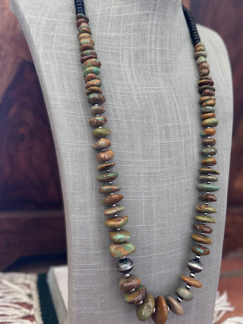 Handmade Thunderbird Turquoise & Sterling Silver Beaded Necklace 31"
