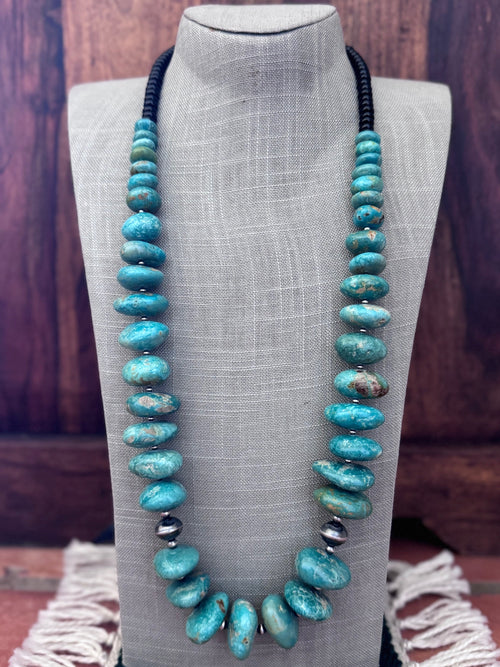 Handmade Royston Turquoise & Sterling Silver Beaded Necklace 32"