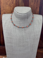 Handmade Antique Silver Seed Bead & Red Dyed Coral 3mm Beaded Necklace 14"