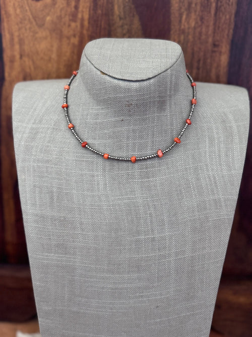 Handmade Antique Silver Seed Bead & Red Dyed Coral 3mm Beaded Necklace 14"