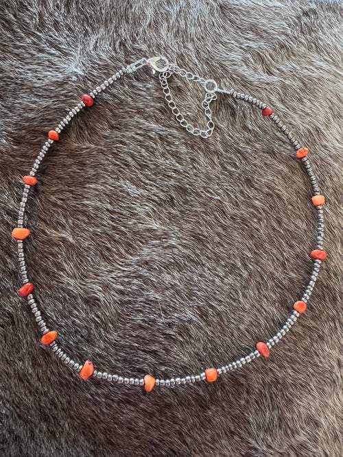 Handmade Antique Silver Seed Bead & Red Dyed Coral 3mm Beaded Necklace 14"