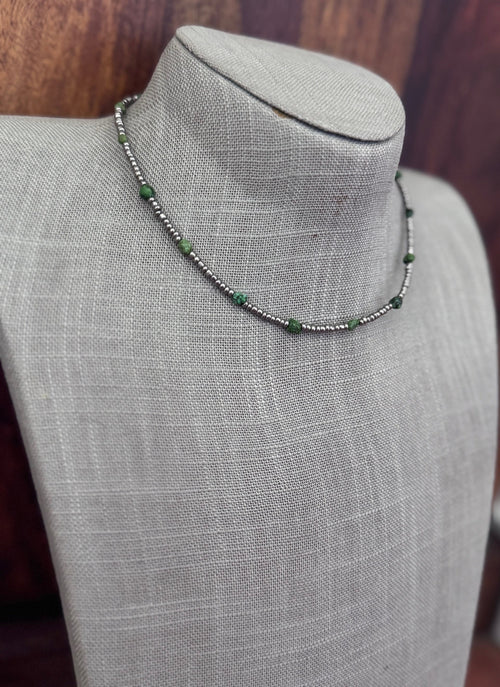 Handmade Green Turquoise & Silver Glass Seed 3mm Beaded Necklace 14"