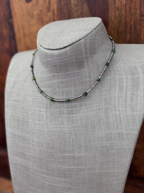 Handmade Green Turquoise & Silver Glass Seed 3mm Beaded Necklace 14"